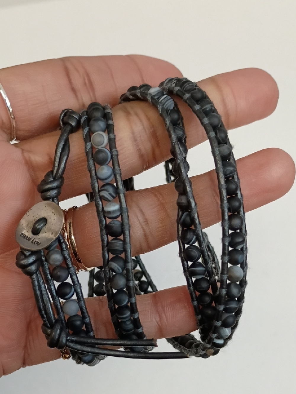 Chan Luu Leather Wrap Bracelet Beaded Multi Wrap Sterling Silver 925 Clasp Black
